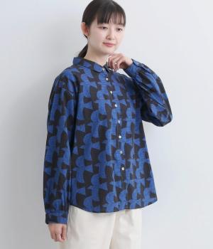 ヴィンテージ加工鳥プリントレギュラーシャツ(ブラック×ブルー-F)