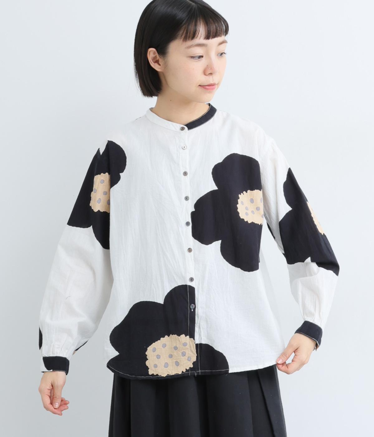 ヴィンテージ加工大花プリントスタンドシャツ(ホワイト-F)