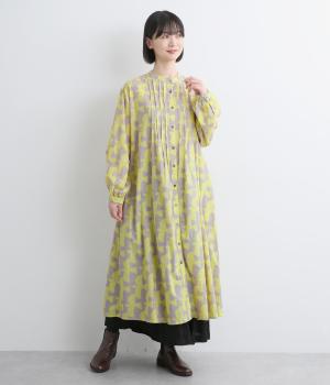 ヴィンテージ加工鳥プリントピンタックワンピース(グレイ-F)