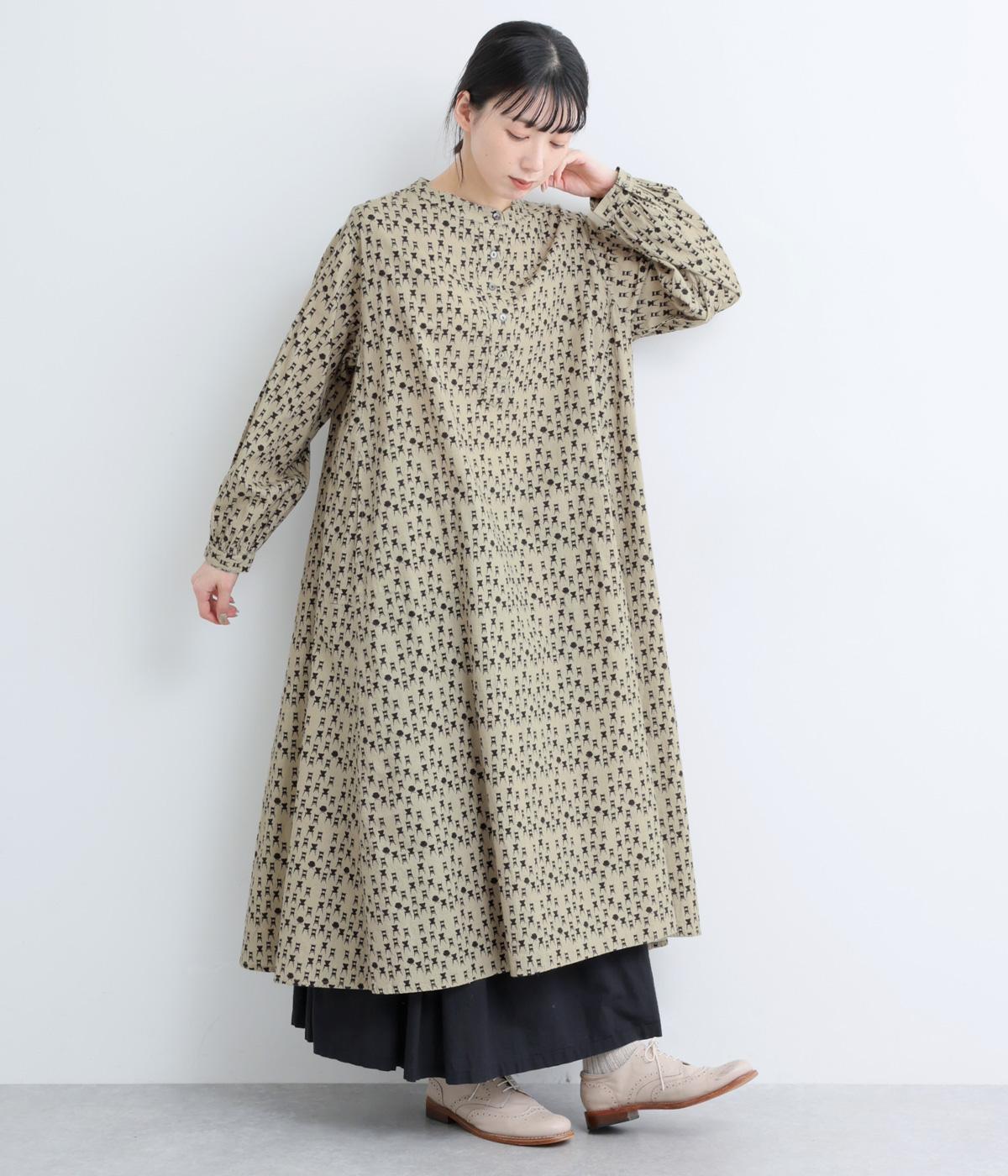 起毛プリント切替ワンピース(ベージュイス柄-F)