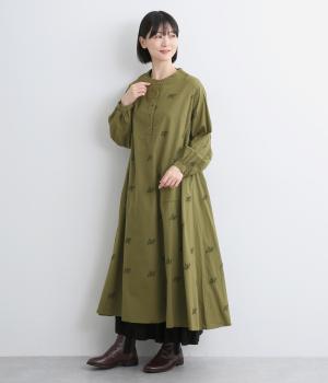 刺繍切替ワンピース(カーキ-F)