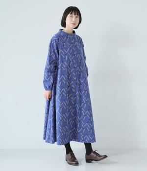 起毛マッチ柄ロング切替ワンピース(ブルー-F)