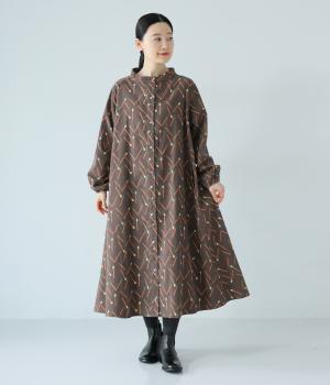 起毛マッチ柄ロング切替ワンピース(チャコール-F)