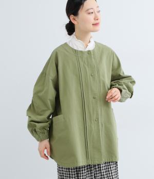 コットングログランバイオウォッシュ加工ピンタックノーカラージャケット