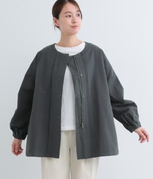 コットングログランバイオウォッシュ加工ピンタックノーカラージャケット(チャコール-F)