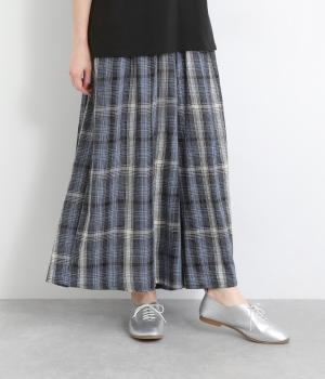 レーヨンクレープチェックワイドパンツ(ブルー-ONESIZE)
