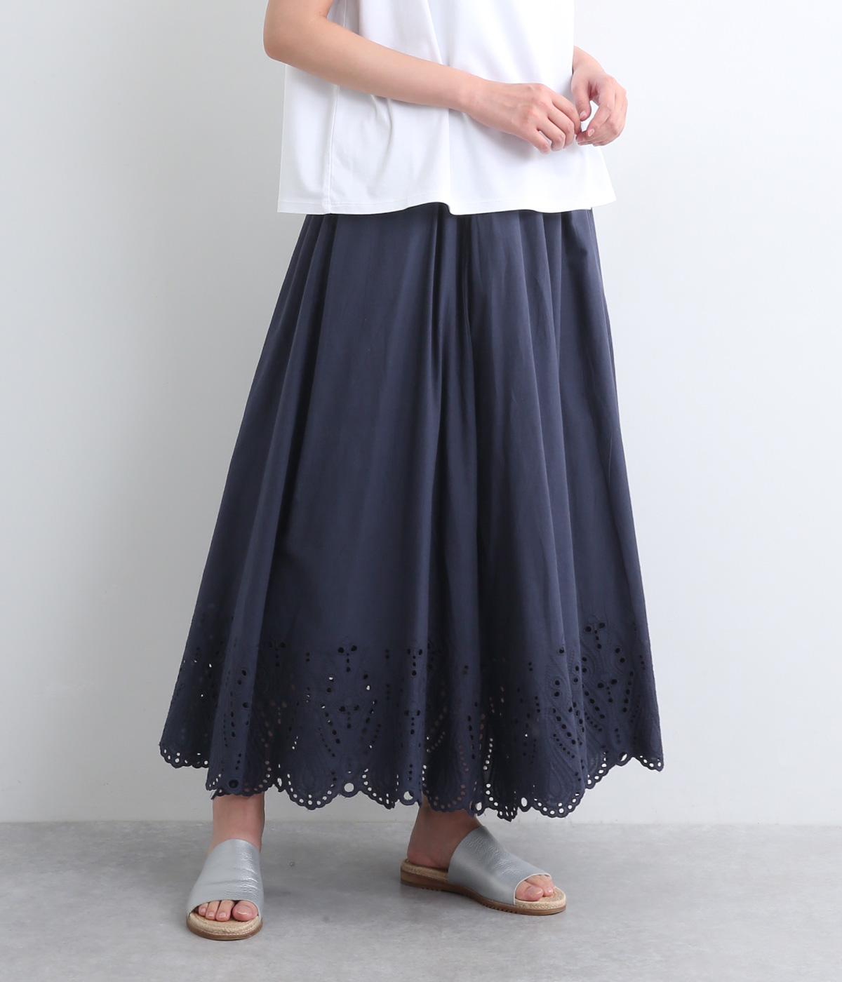 キャンブリックスカラップ刺繍ギャザースカート(ネイビー-ONESIZE)