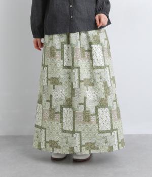 パッチワークフラワープリントギャザースカート(ライトカーキ-F)