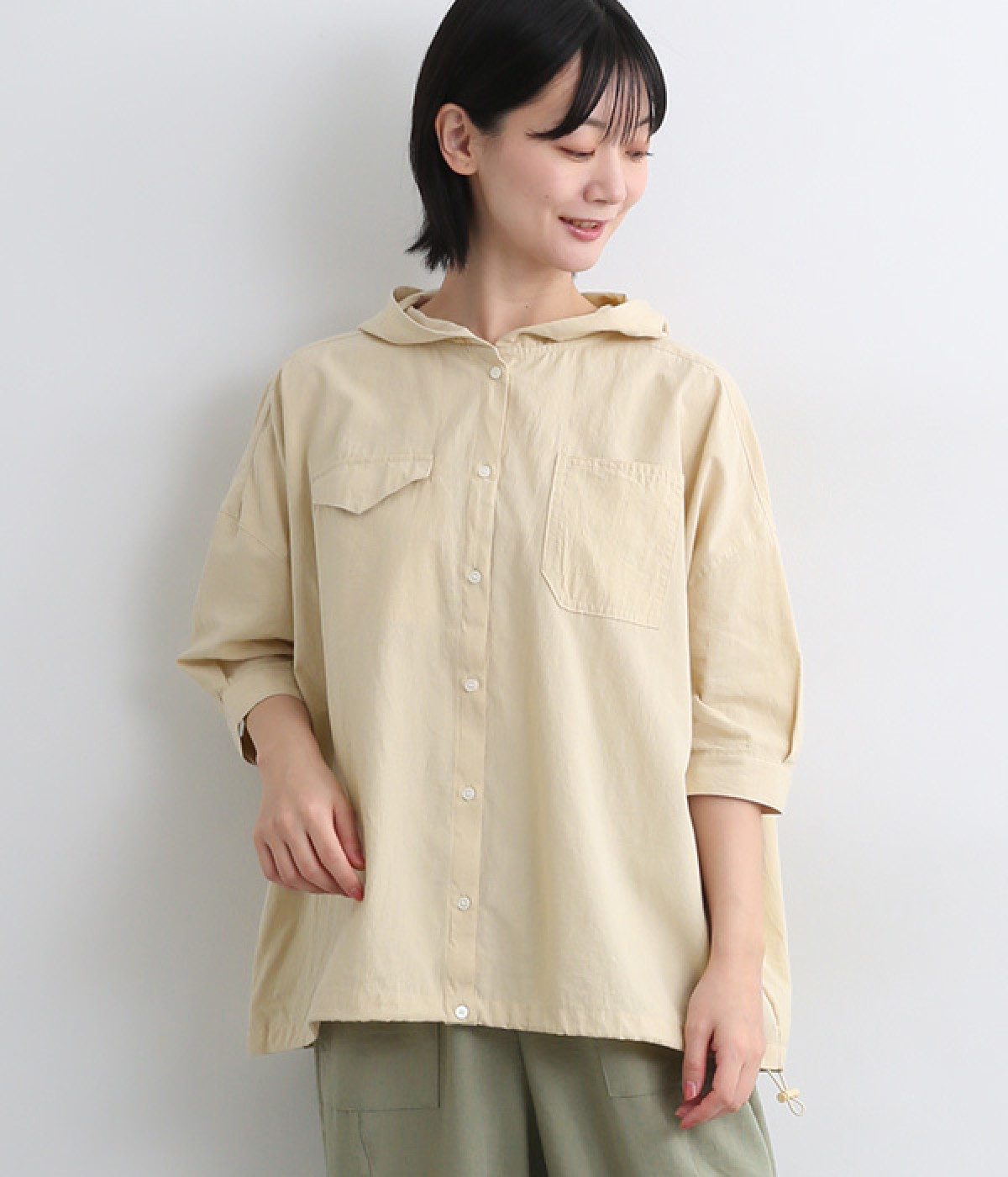 サンドウォッシュローンフード付きシャツ(ベージュ-ONESIZE)