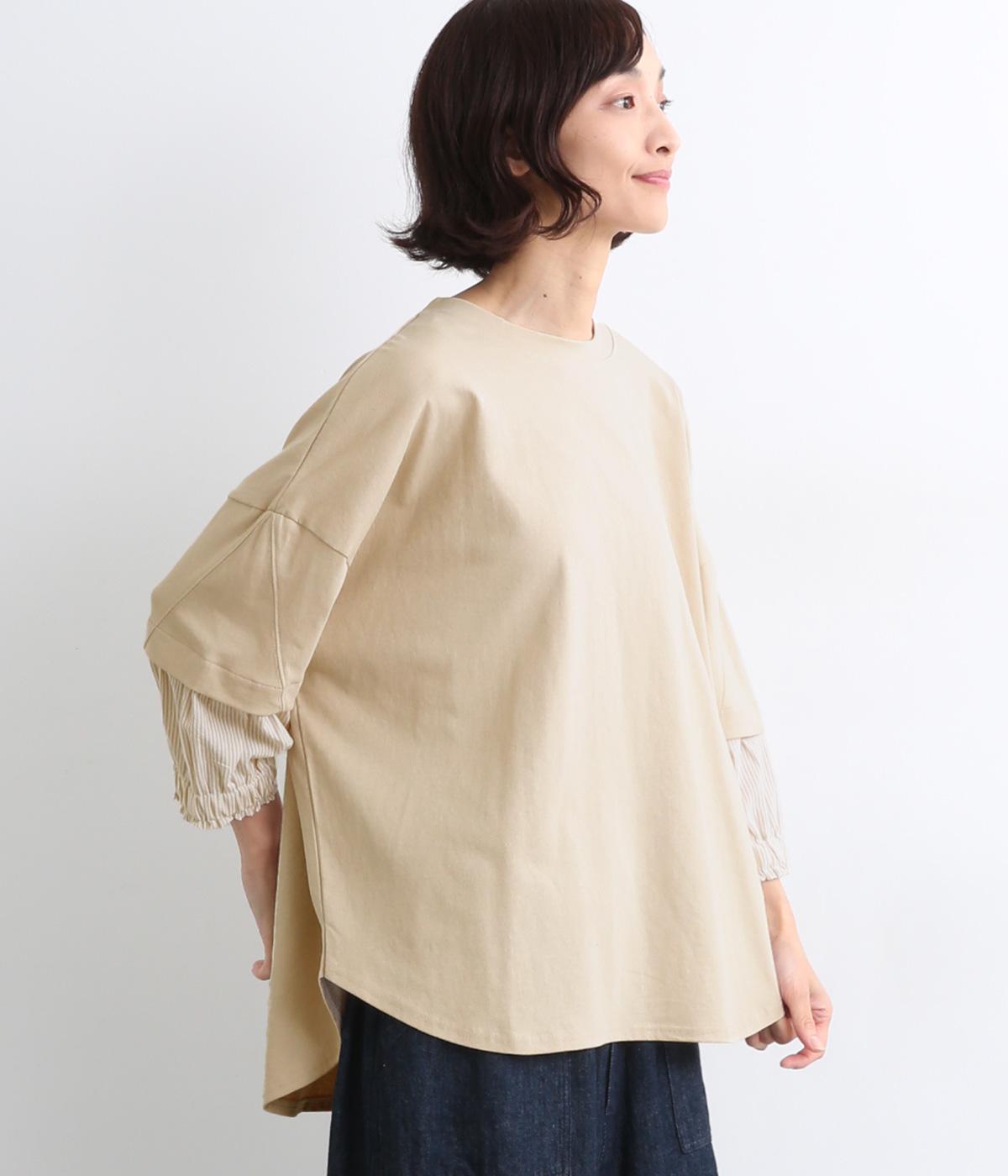 ストライプ×天竺袖ドッキングプルオーバー(グレージュ-ONESIZE)