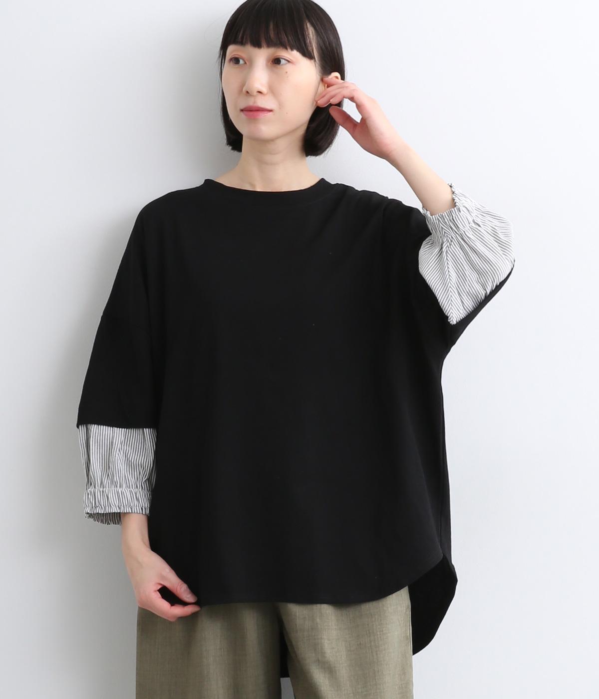 ストライプ×天竺袖ドッキングプルオーバー(ブラック-ONESIZE)