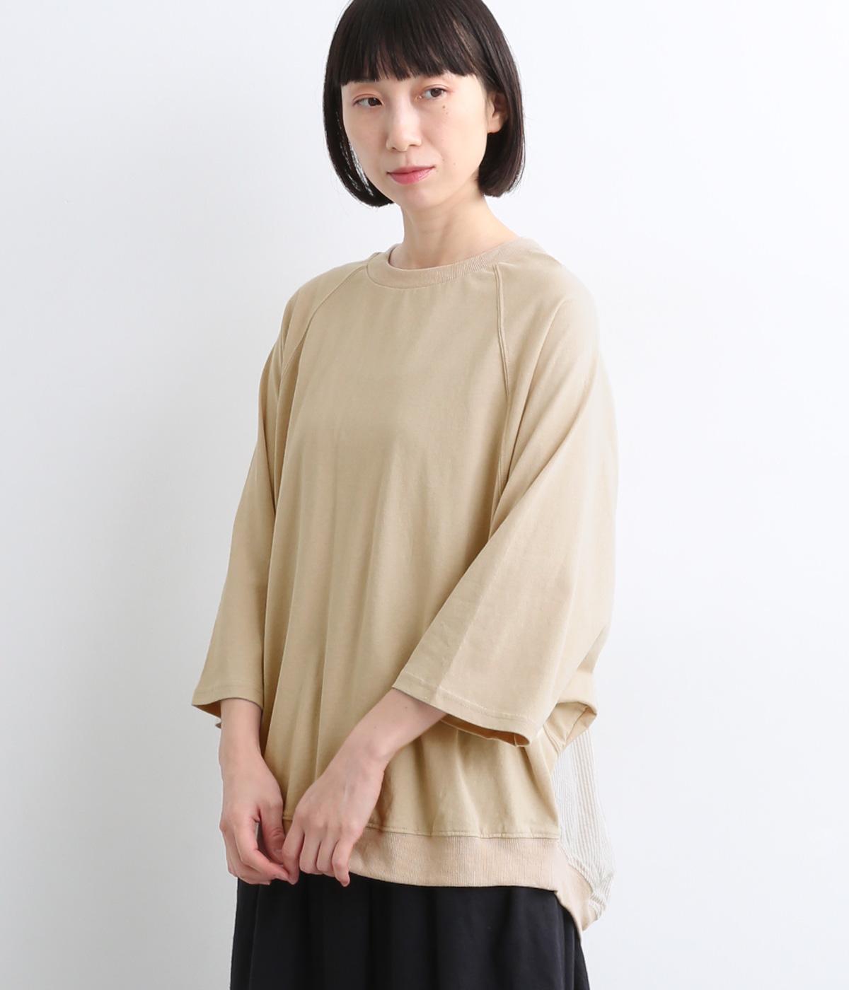ストライプ×天竺ドルマンギャザープルオーバー(グレージュ-ONESIZE)