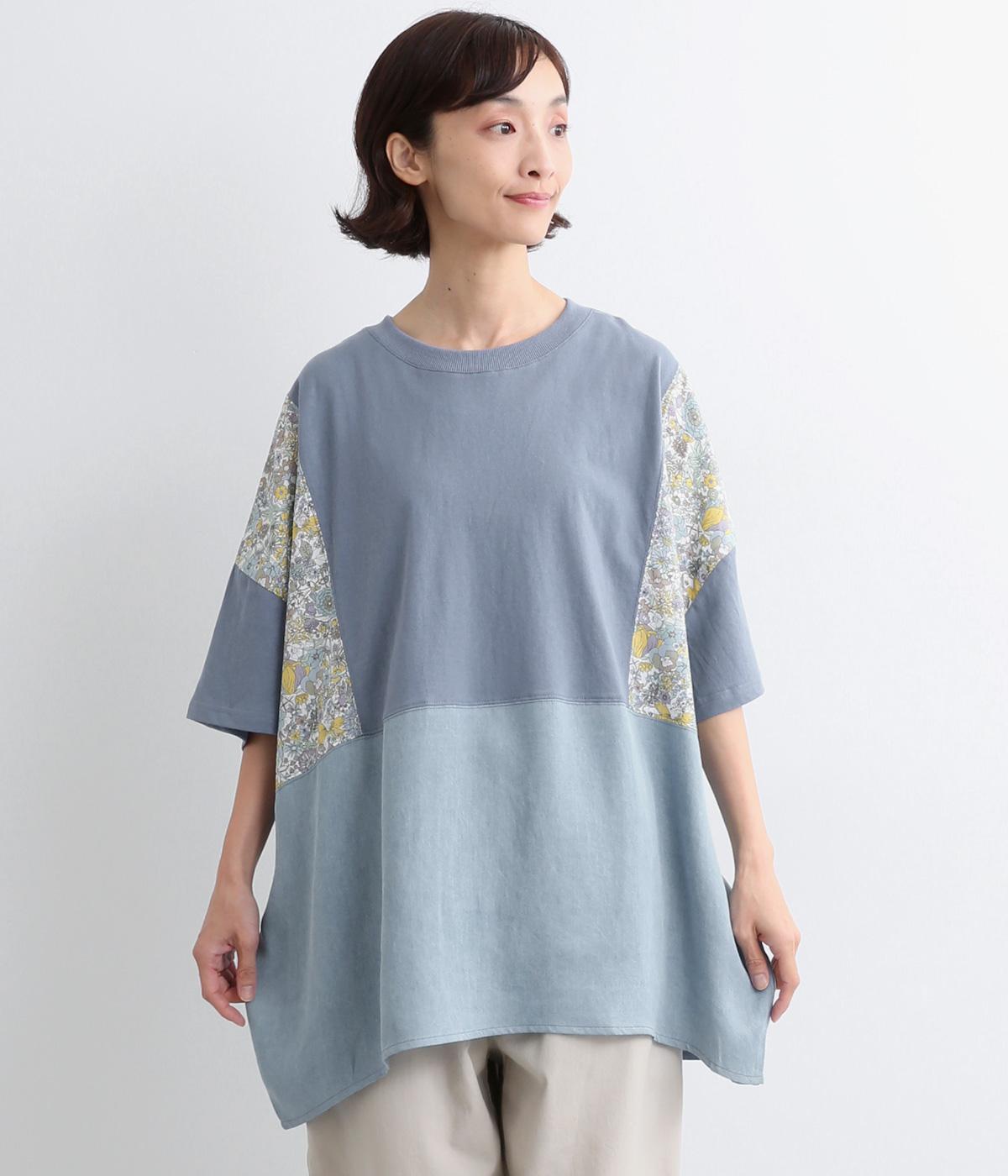 天竺×デニム×プリントパッチワークBIG Tシャツ(ブルーデニム-ONESIZE)