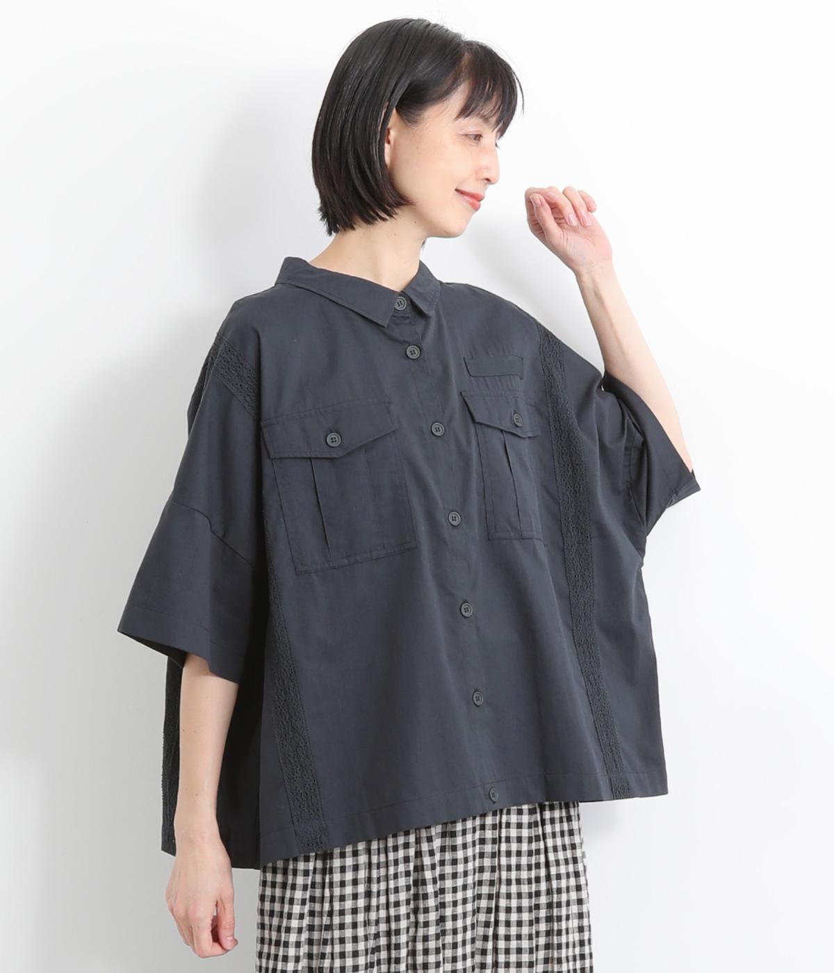 ヘリンボーンツイルワイドシャツ(ネイビー-ONESIZE)