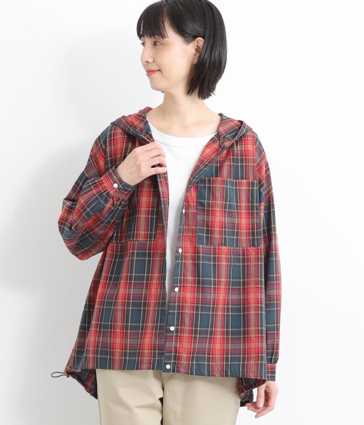 先染めチェックフード付きシャツ(レッドチェック-ONESIZE)