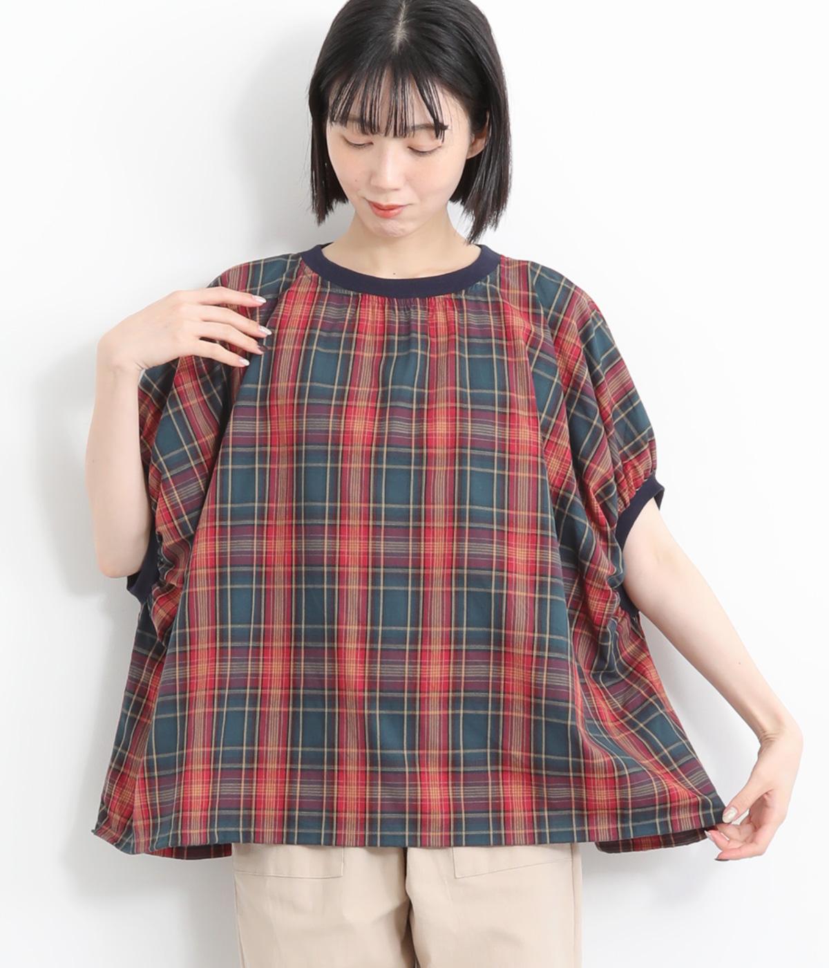 先染めチェック縦ドロストプルオーバー(レッドチェック-ONESIZE)