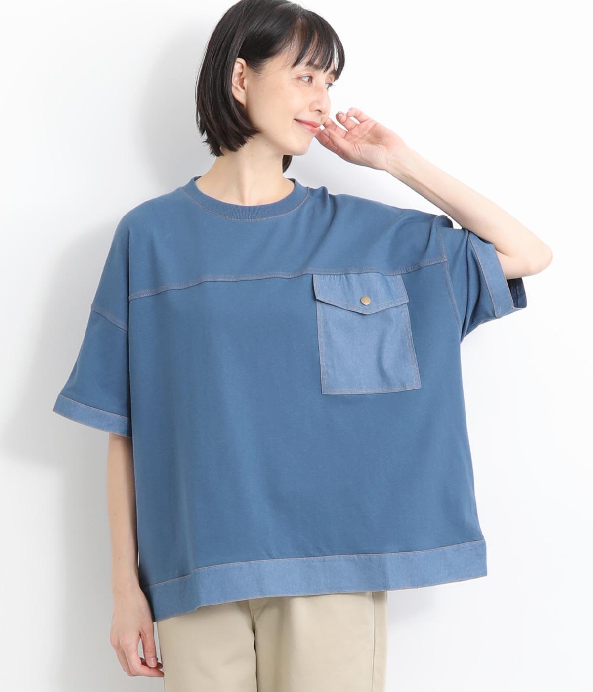 天竺×デニム切替デザインプルオーバー(ブルー-ONESIZE)