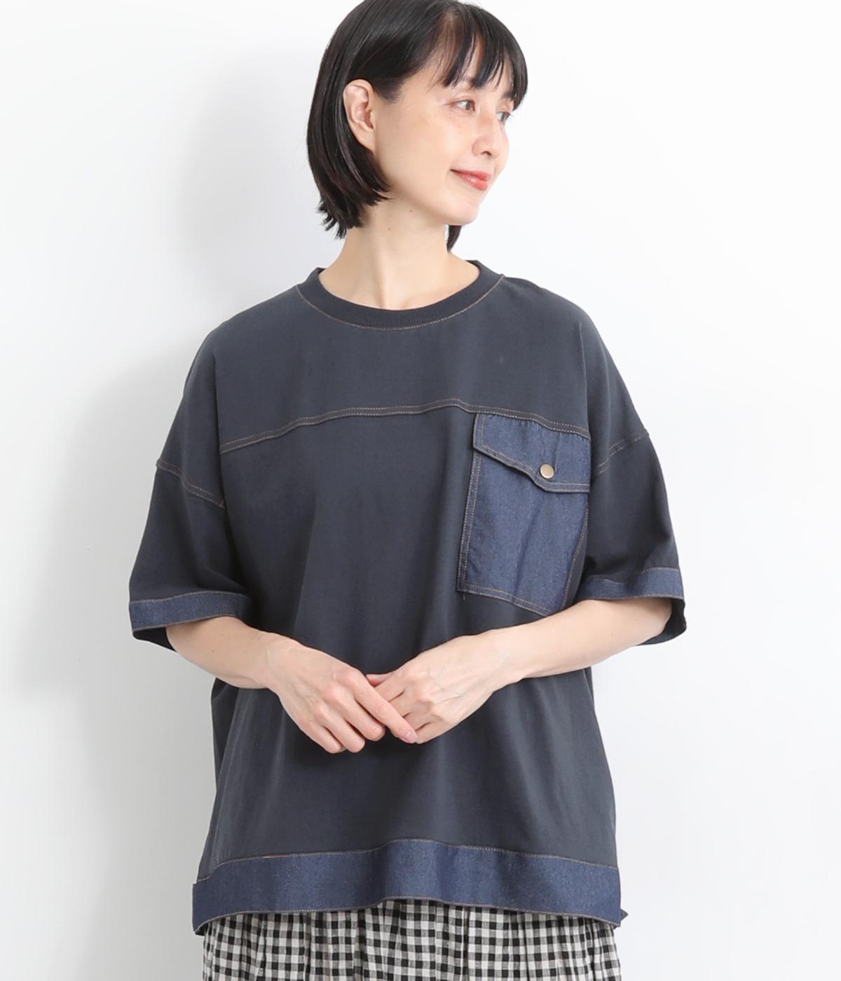 天竺×デニム切替デザインプルオーバー(ネイビー-ONESIZE)