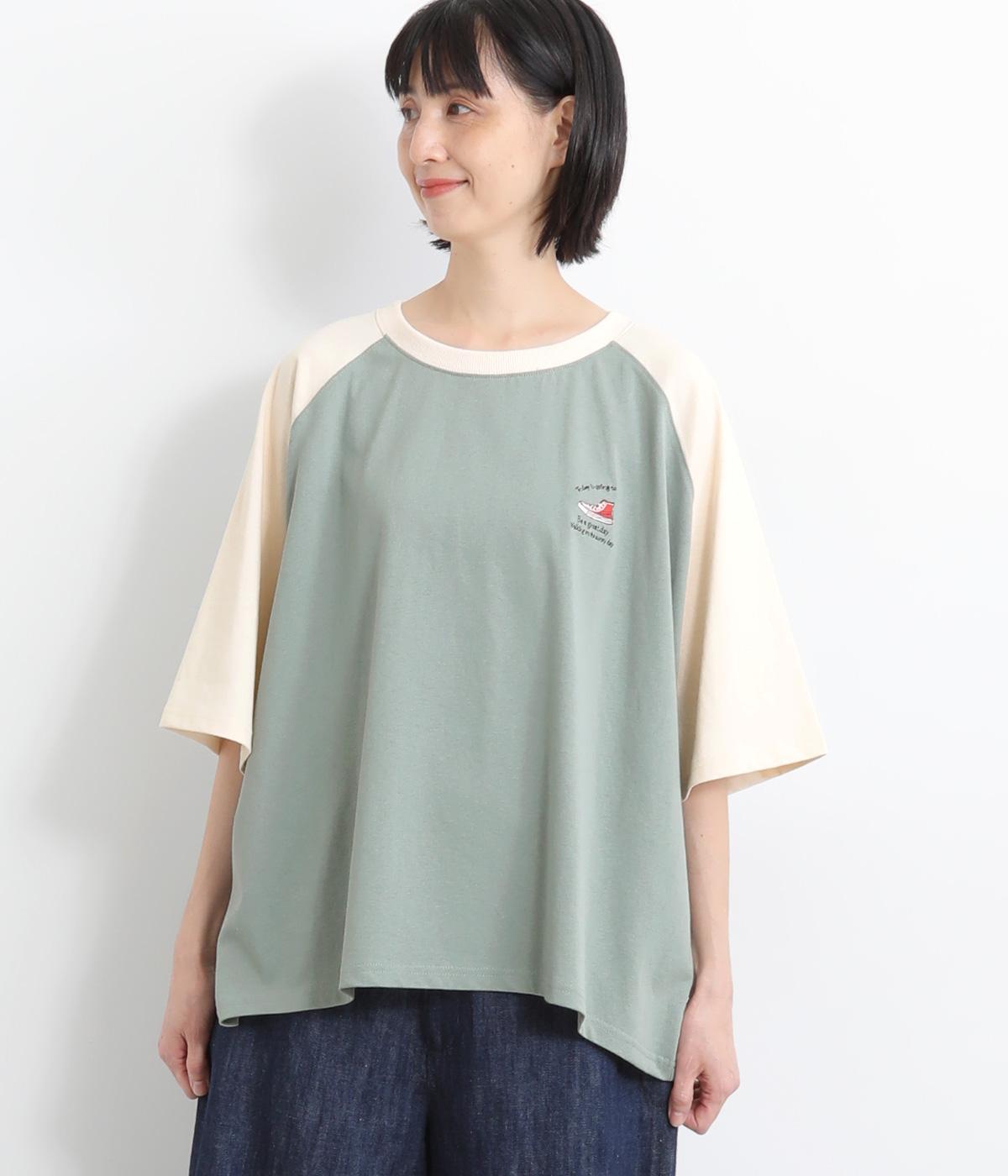 NEWプリントラグラン刺繍Tシャツ(グリーン-ONESIZE)