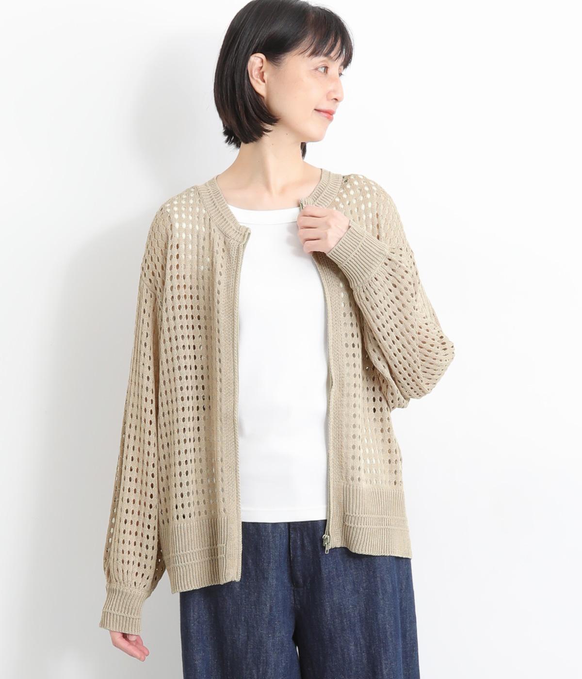 メッシュニットボリュームスリーブカーディガン(グレージュ-ONESIZE)