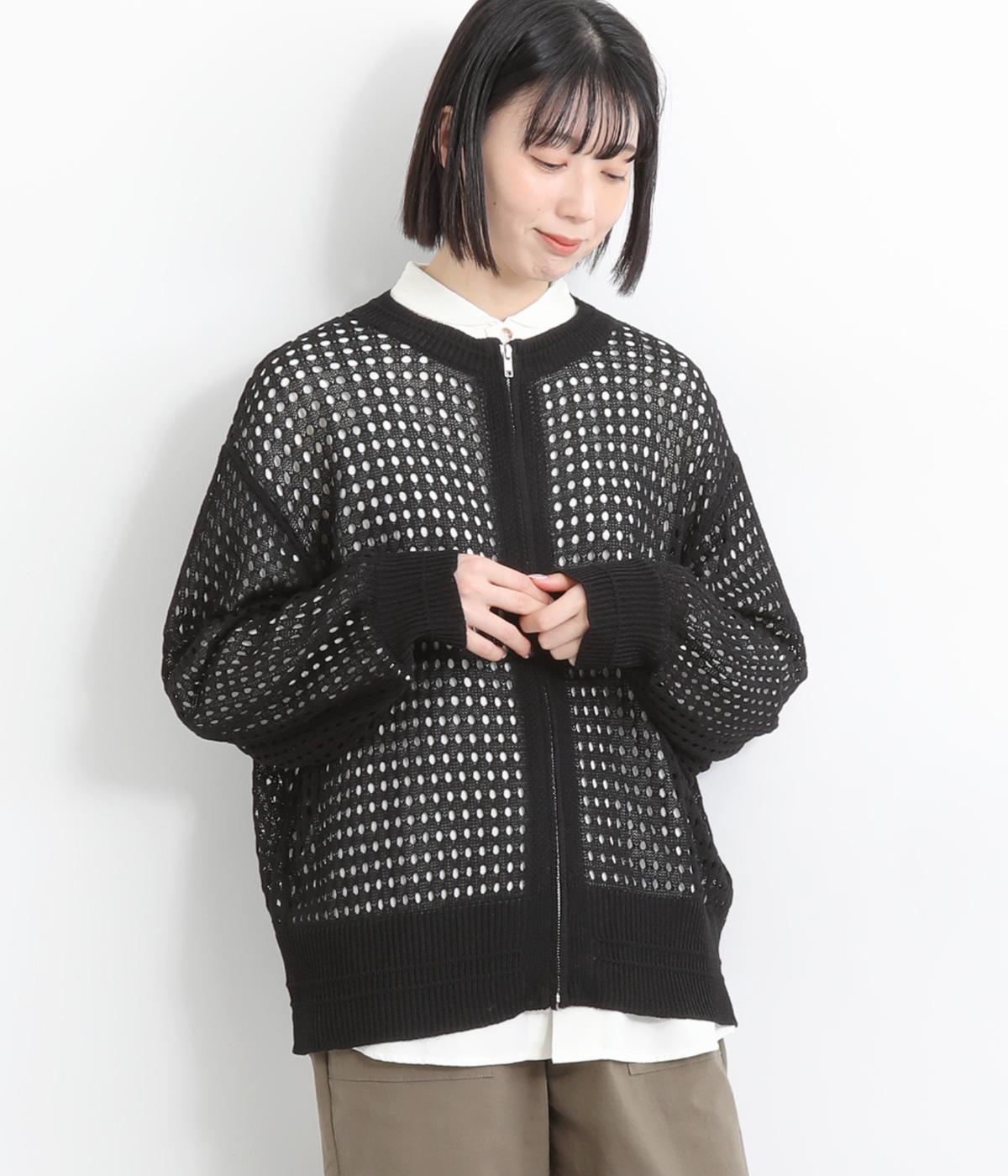 メッシュニットボリュームスリーブカーディガン(ブラック-ONESIZE)