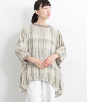 PUミックスチェックブドルマンブラウス(ライトグレー-ONESIZE)