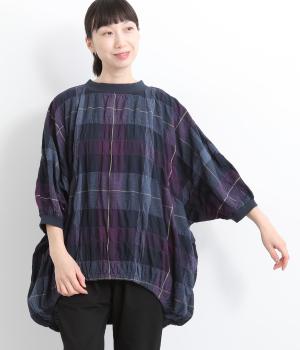 PUミックスチェックブドルマンブラウス(ネイビー-ONESIZE)