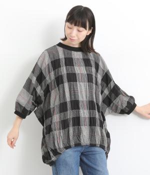 PUミックスチェックブドルマンブラウス(ブラック-ONESIZE)