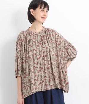 レーヨンプリント襟ギャザーブラウス(アイボリー-ONESIZE)