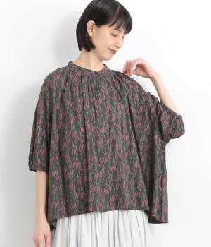 レーヨンプリント襟ギャザーブラウス(チャコールグレー-ONESIZE)