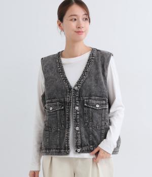 カラーデニムVネックベスト(ブラック-F)