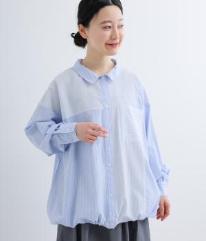 MIXストライプ裾ドロストシャツ(ライトブルー-F)