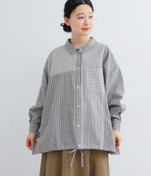 MIXストライプ裾ドロストシャツ(チャコール-F)