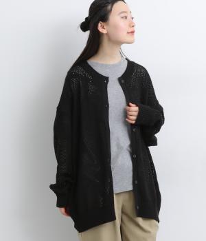 透かし編みニットボタニカル柄カーディガン(ブラック-F)