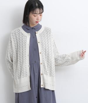 透かし編みニットカーディガン(オフホワイト-F)