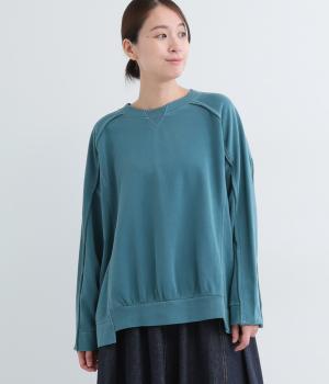 裏毛ピグメント加工ガゼット切替ラグランプルオーバー(ブルーグリーン-F)