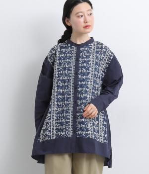 フラワーモチーフバンドカラーシャツ(ネイビー-F)