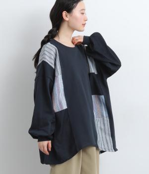 裏毛×ストライプブロックパッチワークチュニック(ダークネイビー-F)