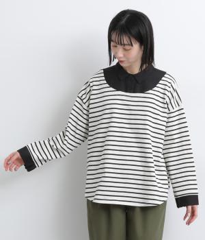 ボーダー天竺シャツ風トップス(ブラックボーダー-F)