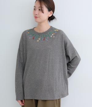 杢ミニ裏毛×刺繍花咲く襟もとプルオーバー(杢チャコール-F)