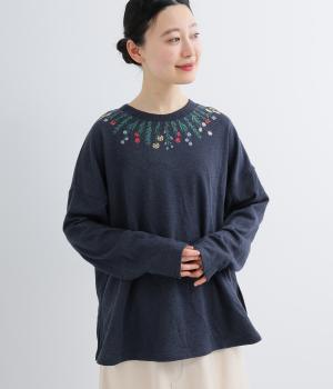 杢ミニ裏毛×刺繍花咲く襟もとプルオーバー(ネイビー-F)