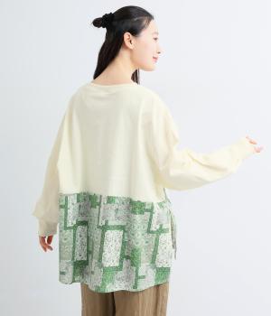 パッチワークフラワープリントドッキングプルオーバー(グリーン-F)