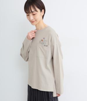 天竺プリントフラワー刺繍ポケットロンTシャツ