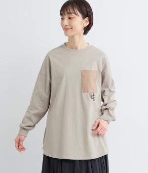 天竺プリントぶらぶらナマケモノの刺繍ロンTシャツ(グレージュ-F)