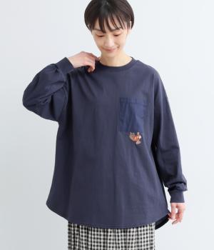 天竺プリントぶらぶらナマケモノの刺繍ロンTシャツ(ネイビー-F)