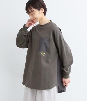 天竺プリントぶらぶらナマケモノの刺繍ロンTシャツ(チャコール-F)