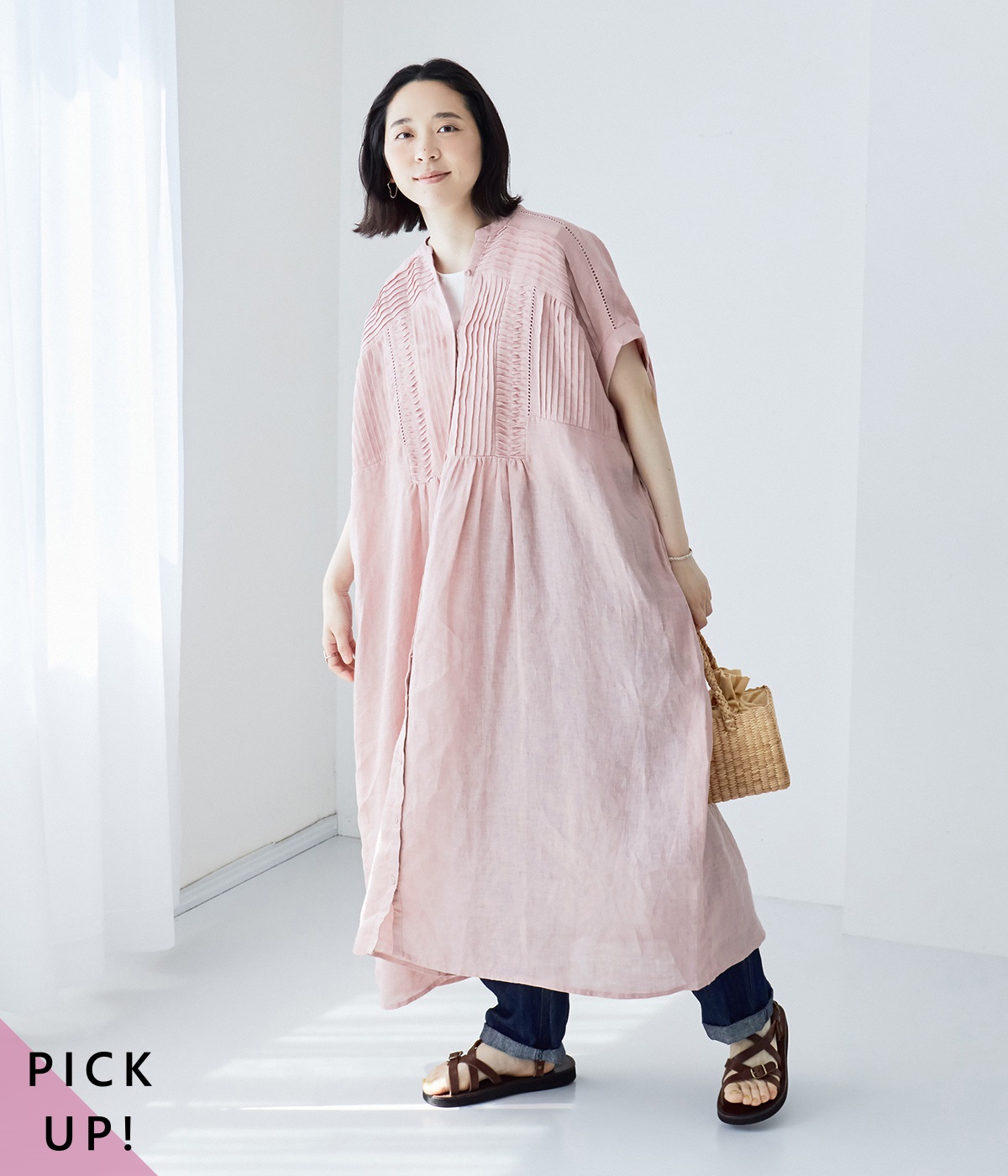 別注｜リネンメニーピンタックワンピース(ピンク-ONESIZE)