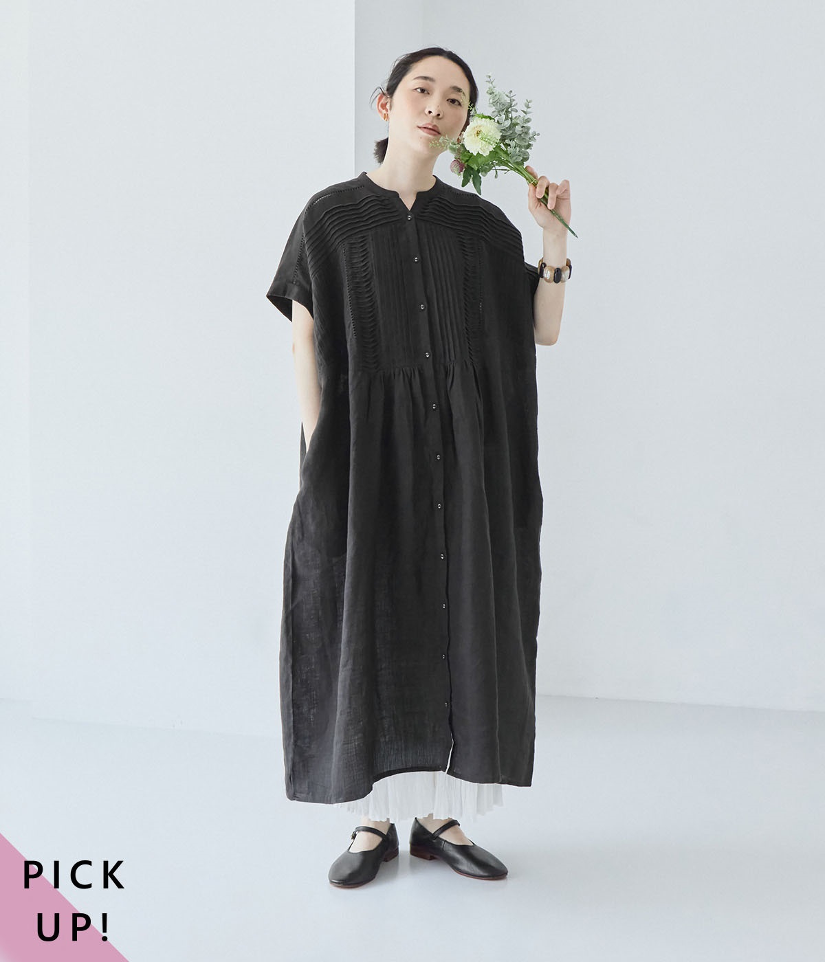 別注｜リネンメニーピンタックワンピース(ブラック-ONESIZE)