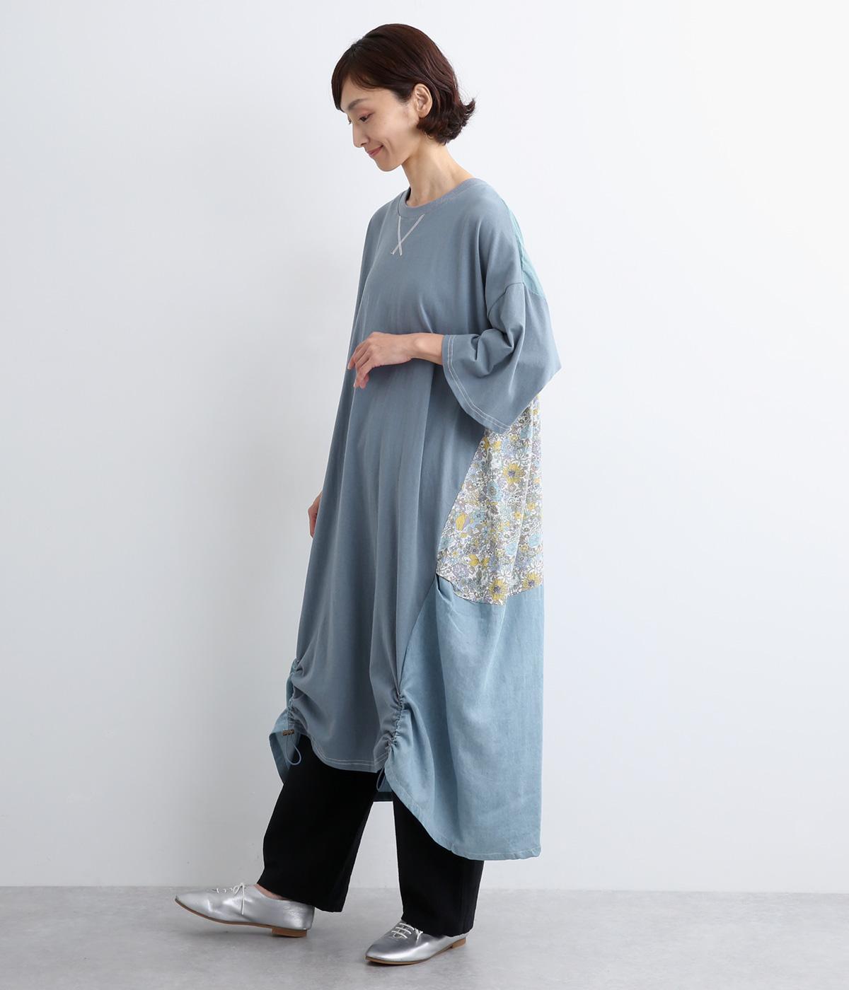 天竺×デニム×プリント裾ドロストワンピース(ブルーデニム-ONESIZE)