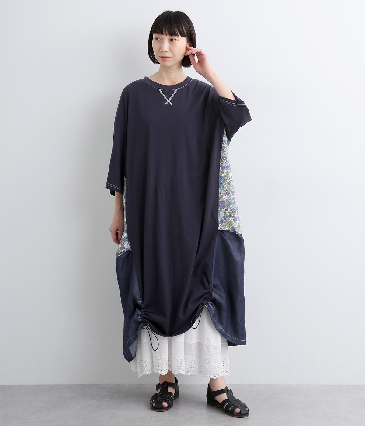 天竺×デニム×プリント裾ドロストワンピース(ネイビーデニム-ONESIZE)